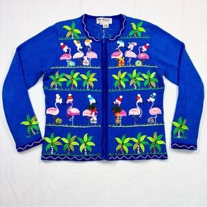 Jack B Quick Christmas Flamingo Zip Up Cardigan Sweater Small Beaded Embroidery